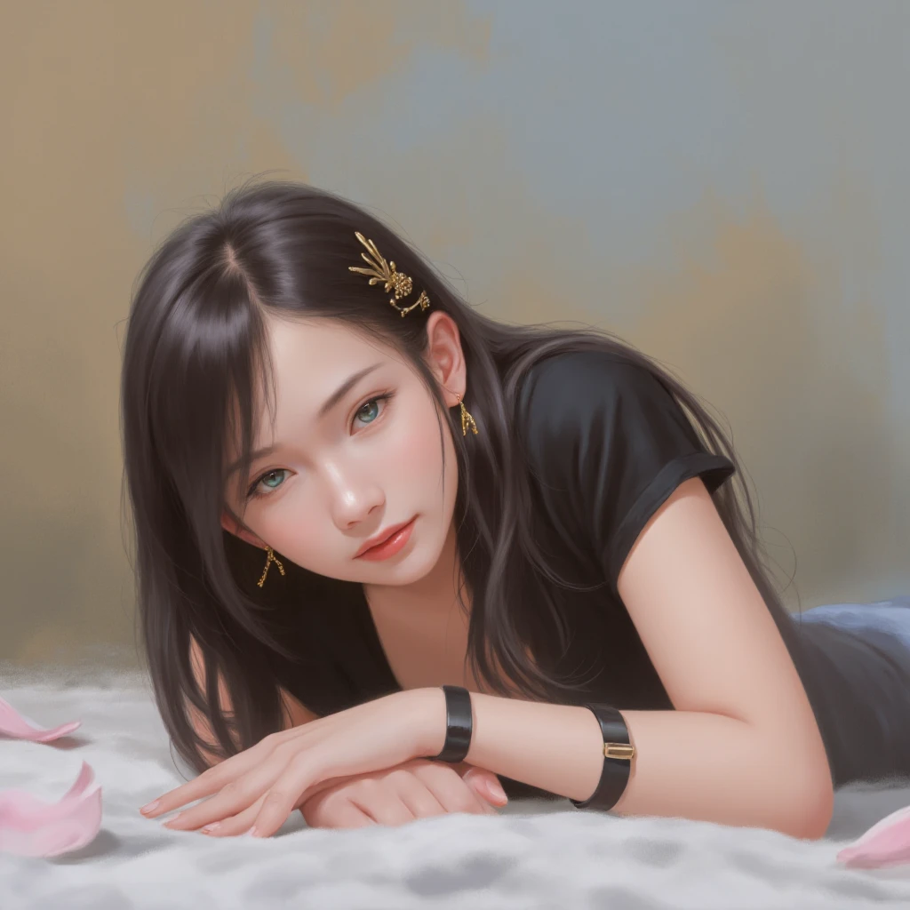 Digital painting featuring a woman with long, dark hair adorned with gold accents. She is lying on her side, with her head resting on her arm, gazing directly at the viewer. Her skin is fair, and she has striking green eyes. The woman is wearing a black top and a black wristband. The background is a soft blend of beige and blue tones, creating a serene atmosphere. The image has a painterly style with smooth brushstrokes and a focus on the subject's expressive features. There are subtle pink and white petals scattered across the scene, adding a delicate touch to the composition.+