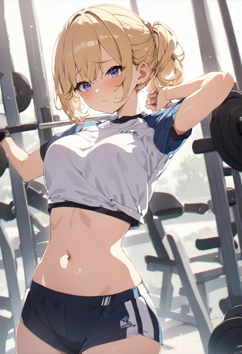 A girl with {mordred_fgo:1.15}, beautiful green eyes, a ponytail tied with a red scrunchie and a sexy and confident appearance. She has a figure with , blonde hair, a muscular fitness body and very small breasts and a perfect toned ass . Her face is blushed and she is sweating and wears and exhausted appaerance after workout. She is in a NSFW scenario in a gym lifting weights