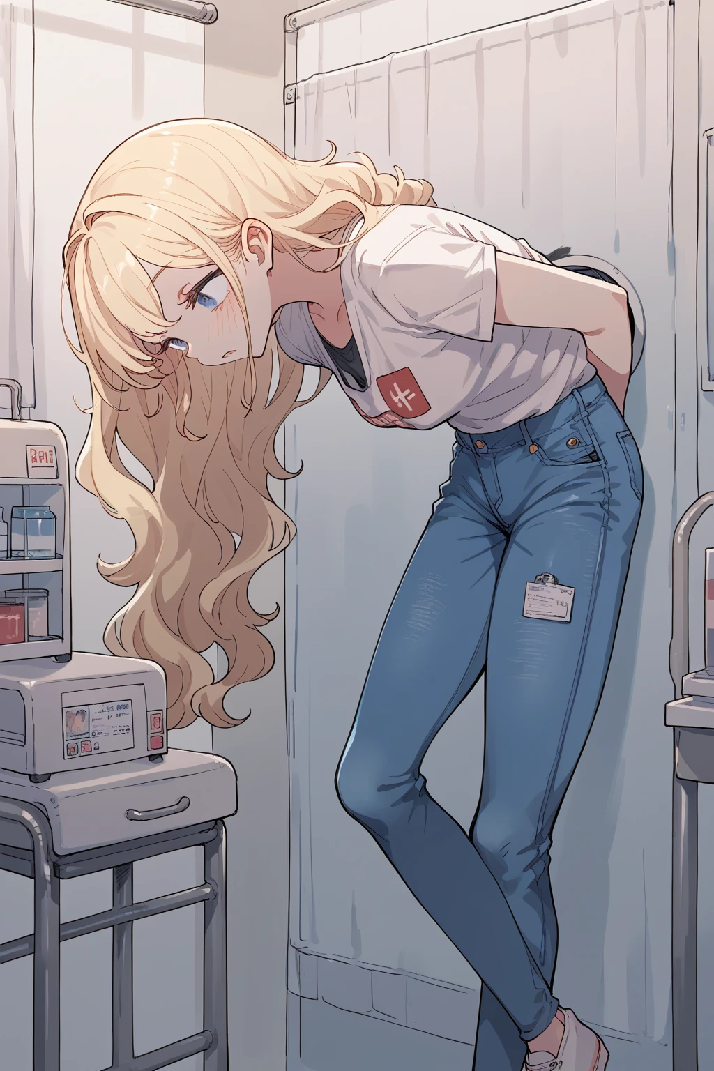 score_9, score_8_up, score_7_up, score_6_up, score_5_up, score_4_up, source_anime, BREAK,  young blonde woman, tight white t-shirt stuck to the body, Hot denim pants, mannequin, Sexy woman, tetas grandes, corps parfait, queue de cheval, wavy hair, In a hospital, hospital background


