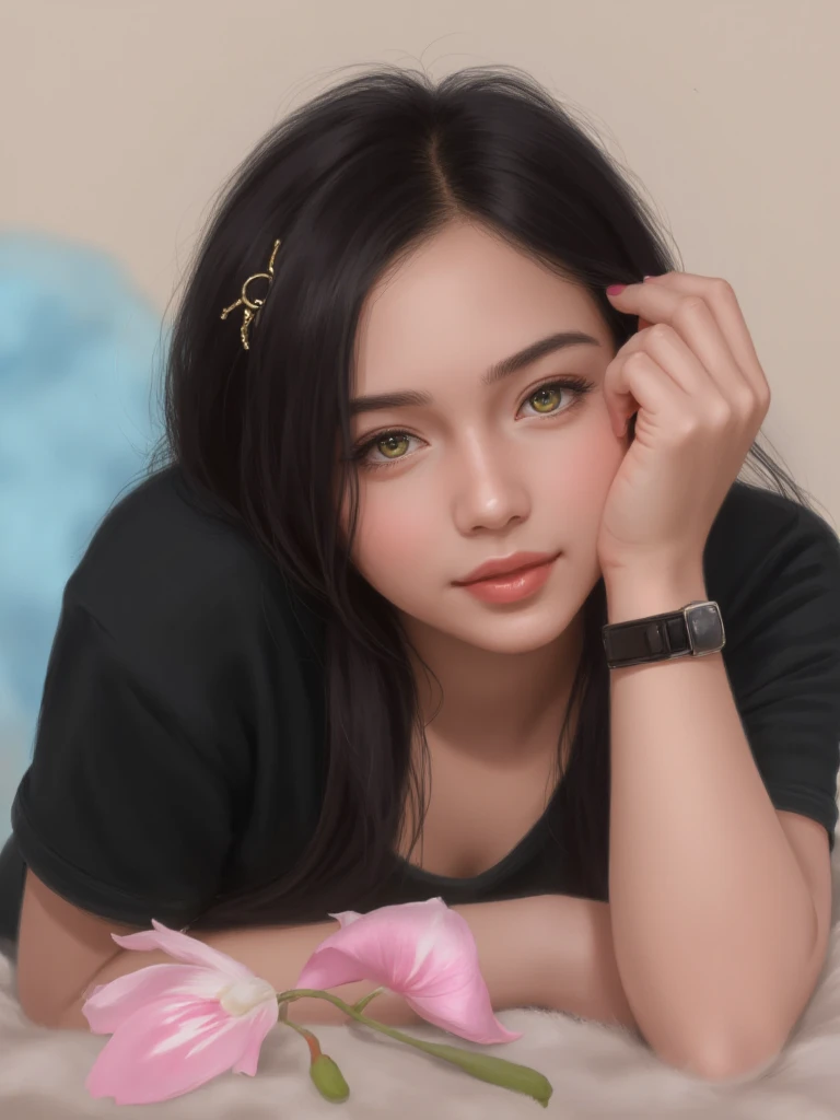 Digital painting featuring a woman with long, dark hair adorned with gold accents. She is lying on her side, with her head resting on her arm, gazing directly at the viewer. Her skin is fair, and she has striking green eyes. The woman is wearing a black top and a black wristband. The background is a soft blend of beige and blue tones, creating a serene atmosphere. The image has a painterly style with smooth brushstrokes and a focus on the subject's expressive features. There are subtle pink and white petals scattered across the scene, adding a delicate touch to the composition.+