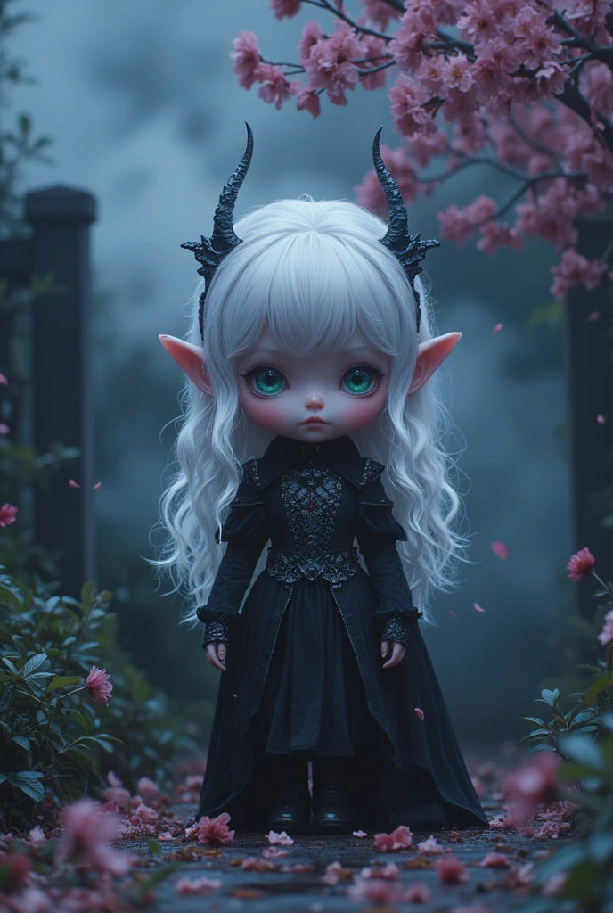 Full length view. ((beautiful chibi vampire in a dark garden, portrait, statue, marble, soft colors, glossy skin, darkness, horror, anime style, very fine lines, comfortable lines, rough shading, line art, porcelain face and head. Long flowing white hair, big turquoise eyes, perfect eyes, best quality)). Visual Kay Fashion, gothic. Yoshitaka Amano, Quentin Mutch, Multicolored Fog. Hannah Yata, fantasy art, 64 megapixels, 8K HDR resolution; volumetric lighting", surreal hallucination, complex detail, sharp focus, wind, cherry petals, Fujifilm, Bokeh.(Rutkovsky: 0.66), (turquoise and orange: 0.4), (natural skin texture, hyperrealism, soft light, sharpness) (dark frame: 1.1), epic realism.