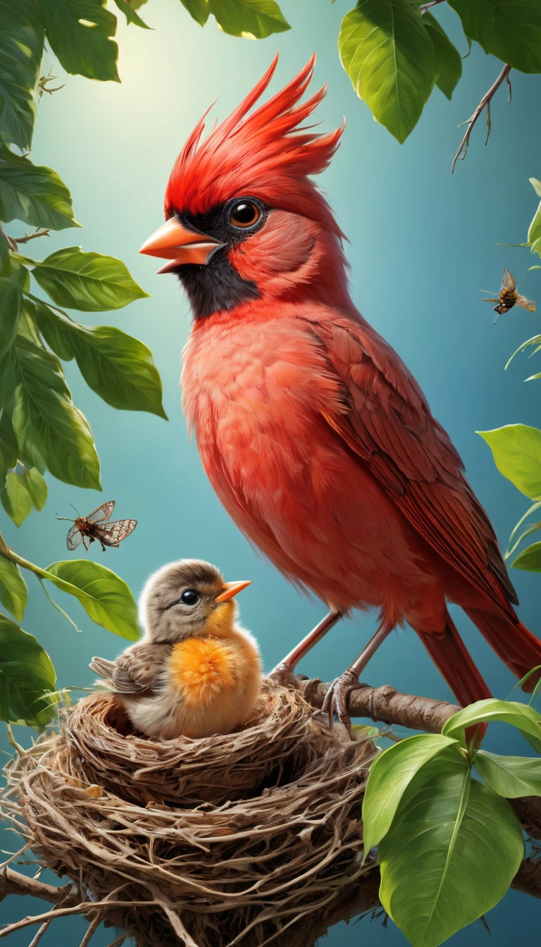 (((  surrenders ))) photograph,( super detailed face),((light)),A detailed depiction of a young red bird, now partially covered in feathers with its vibrant red plumage starting to emerge. The chick stands on unsteady legs in its nest, practicing flapping its developing wings. Its parent is nearby, perched on a branch with a small insect in its beak, ready to feed the growing bird. The background features a lush forest canopy under a bright blue sky, filled with vibrant greenery and soft sunlight filtering through the leaves