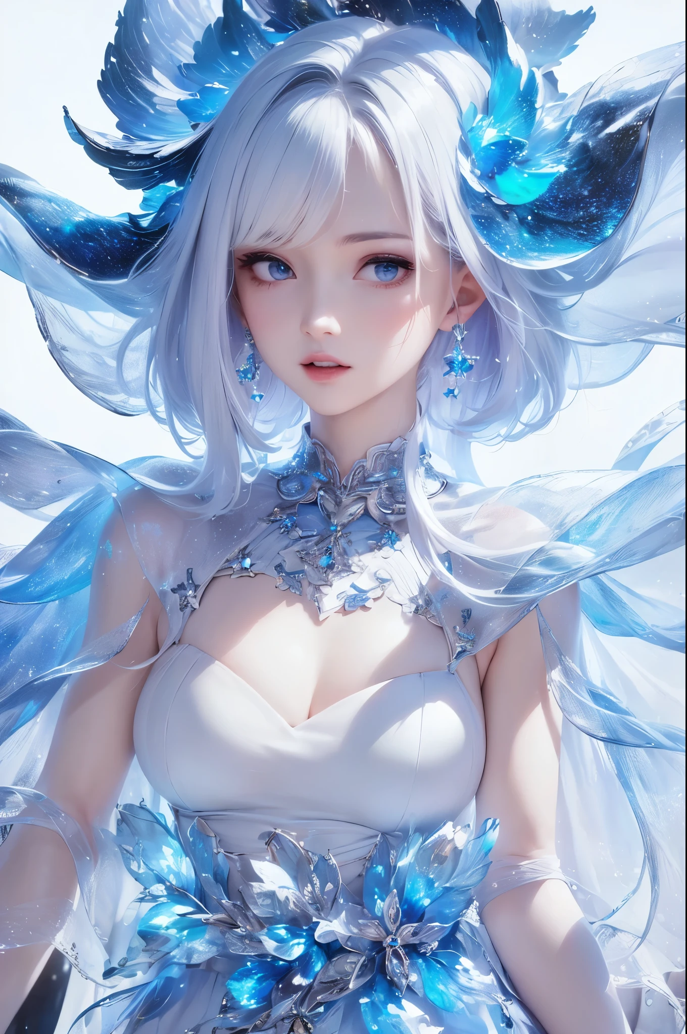 Frost Goddess,Frozen fluid,Ice World,ice,1girl,Translucent clothing,air bubble,blue butterfly,blue eyes,blue nails,breasts,Positive, character on the right, upper body, above knee level,Dynamic pose,bubble,Blue butterfly wings,butterfly wings,crystal,dress,glowing butterfly,long hair,looking at viewer,medium breasts,parted lips,solo,water