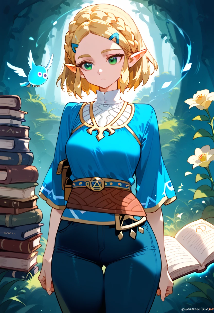  Princess Zelda ,  1 girl ,  Artist's Request , belt,  blonde hair , blue  shirt, Books,  boots, Expressionless, whole body, Green Eyes,  high definition ,  watching viewers,  magic , Nintendo, pants, pointy ears,  shirt,  Short Hair ,  simple background, Alone,  The Legend of Zelda,  The Legend of Zelda:  Breath of the Wild ,  The Legend of Zelda: Tears of the Kingdom, Flower of Light,  magic 