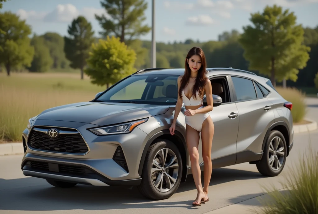 Lisamy behind the wheel of a Toyota Hybrid Cross car, perfect body