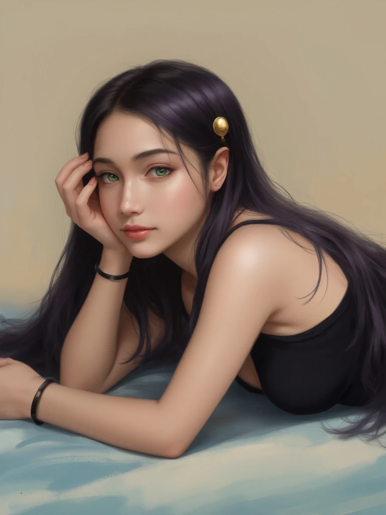 Digital painting featuring a woman with long, dark hair adorned with gold accents. She is lying on her side, with her head resting on her arm, gazing directly at the viewer. Her skin is fair, and she has striking green eyes. The woman is wearing a black top that reveals her body and a black wristband. The background is a soft blend of beige and blue tones, creating a serene atmosphere. The image has a painterly style with smooth brushstrokes and a focus on the subject's expressive features. 