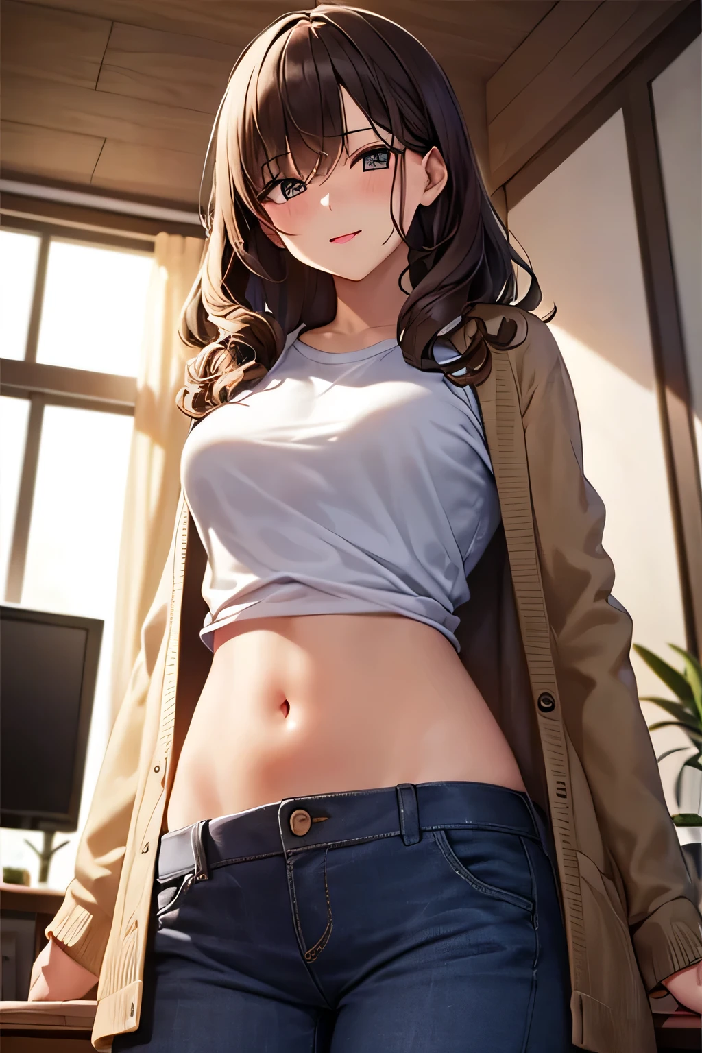 super fine illustration, vibrant colors, masterpiece, sharp focus, best quality, depth of field, ultra detailed, white t shirt, long cardigan jacket, 1 woman, solo, navel, living room, looking down, medium breasts, long curly hair, brown hair, tall, mature face, blush, white long pants, lipstick, makeup, mature face, giggling, from below
