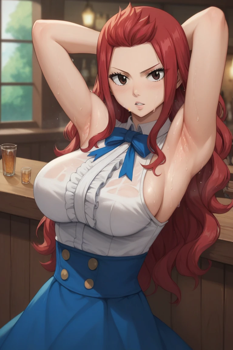 (masterpiece:1.2), (best quality:1.2), 1girl, 
fairy tail, 1girl, long hair, red hair, brown eyes, large breast, neck ribbon, bare shoulders, white shirt, sleeveless, center frills, blue skirt, sexy stance, in the bar, arms behind head, armpits, detailed armpits, sweaty armpits