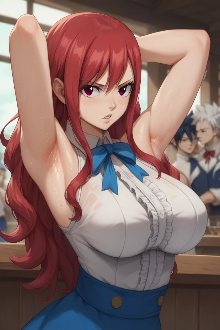 (masterpiece:1.2), (best quality:1.2), 1girl, 
fairy tail, 1girl, long hair, red hair, brown eyes, large breast, neck ribbon, bare shoulders, white shirt, sleeveless, center frills, blue skirt, sexy stance, in the bar, arms behind head, armpits, detailed armpits, sweaty armpits