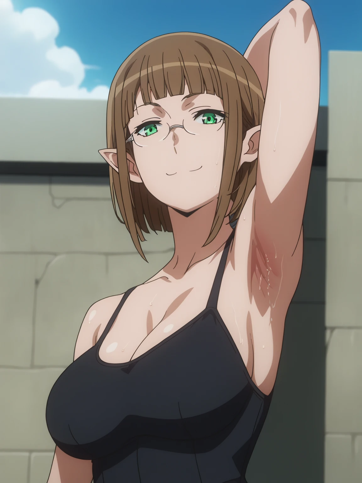 score_9, score_8_up, score_7_up, source_anime, anime screencap, 1girl, solo, eina tulle, short hair, brown hair, green eyes , glasses, large breasts, arm behind head, armpit, armpit focus, from side, (from below:1.1), looking at viewer, head towards viewer, smile, closed mouth, badhandv4, outdoors, day, sweaty