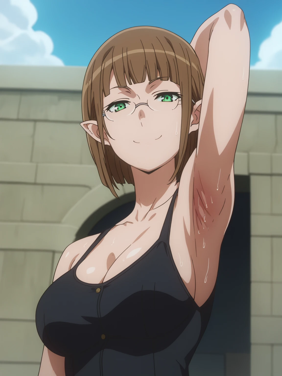 score_9, score_8_up, score_7_up, source_anime, anime screencap, 1girl, solo, eina tulle, short hair, brown hair, green eyes , glasses, large breasts, arm behind head, armpit, armpit focus, from side, (from below:1.1), looking at viewer, head towards viewer, smile, closed mouth, badhandv4, outdoors, day, sweaty