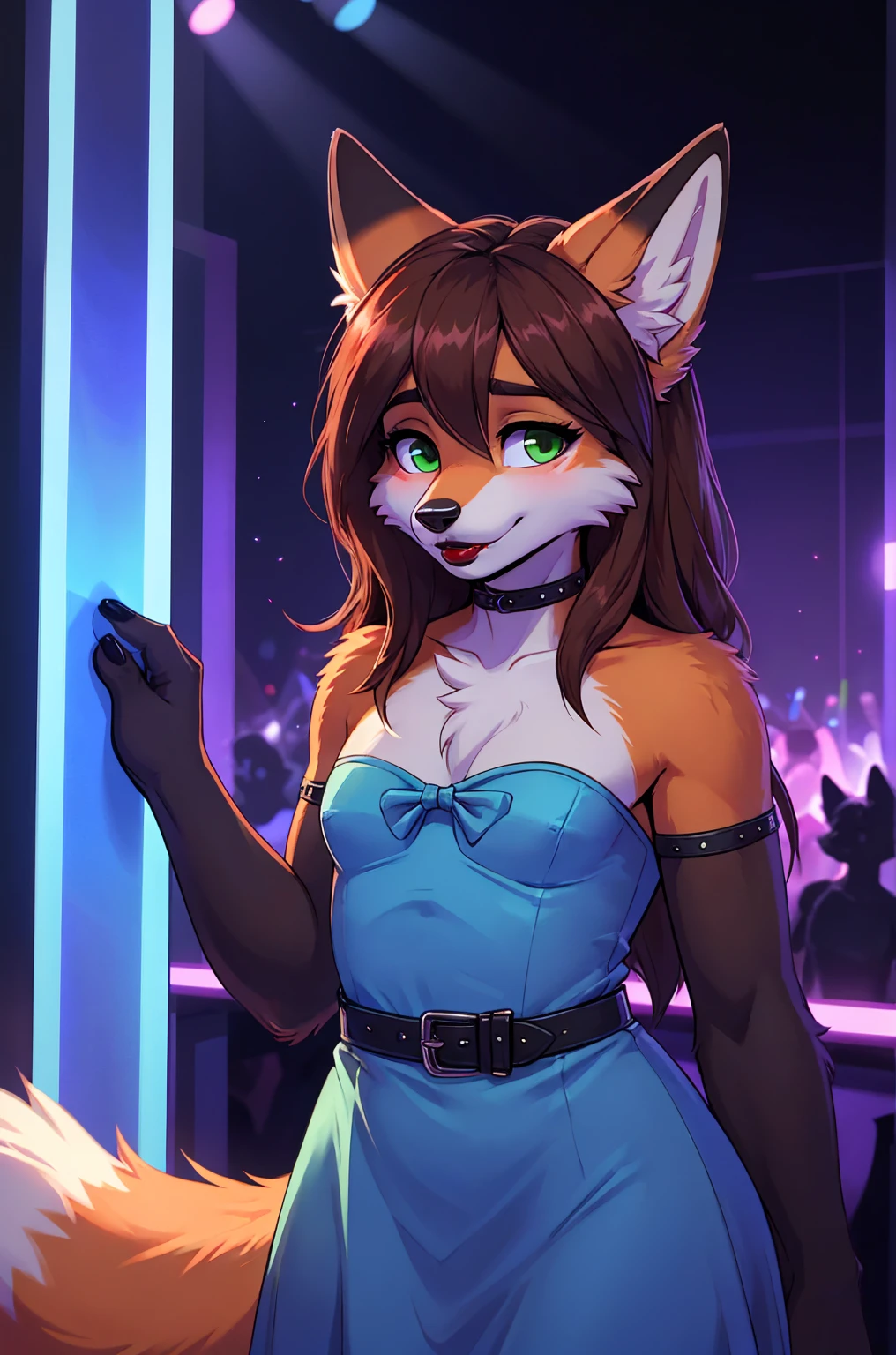 Best quality, furry male fox with green eyes, with brown long hair, with black spout, with red lipstick on lips, big lips, in a blue dress, crossdressing, shy, bare chest, flirts, sexy pose, portrait, against the backdrop of an empty nightclub