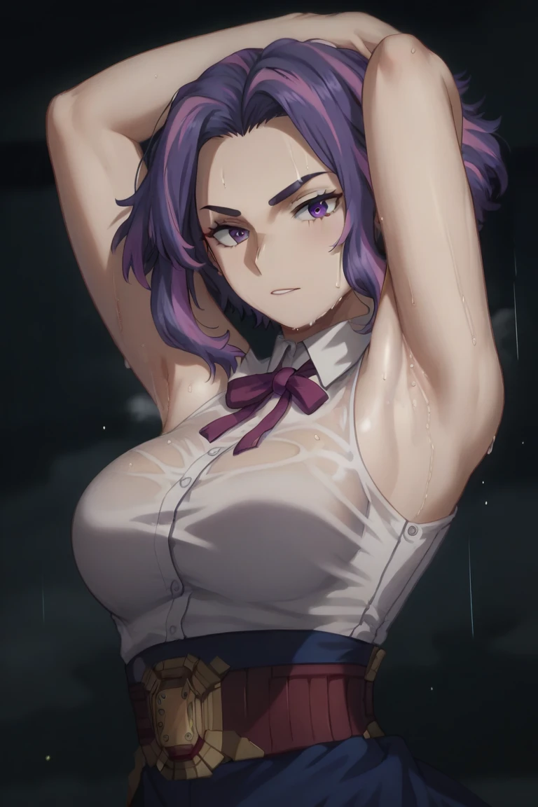 (masterpiece:1.2), (best quality:1.2), 1girl, 
Lady nagant, 1girl, short hair, purple hair, purple eyes, large breast, neck ribbon, bare shoulders, white shirt, sleeveless, center frills, blue skirt, sexy stance, in the bar, arms behind head, armpits, detailed armpits, sweaty armpits