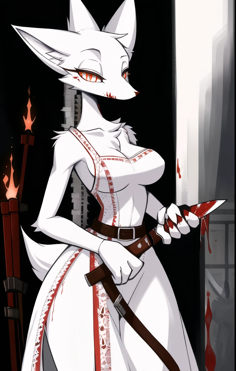  white fur、 fur on FL,  best quality, masterpiece,scary beautiful eyes 、One person、  female fox killer 、Slim and well-groomed 、Bloody、shabby white lace dress、belt、 holding a large jagged machete in hand、Tall、