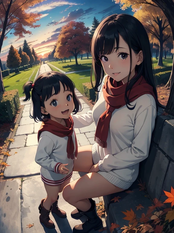 masterpiece， best quality， High image quality，( super flat ,  Flat Shading )， beautiful black hair， fisheye lens，Cute petite trained young mother and her very cute little trained daughter:1.25， warm scarf， long-sleeved sailor suit that will pinch your nipples，(naked)，Long Hair， boots，smile, smile，White Breath，fun, play，Autumn park garden，  fall leaves for vaginal discharge，Autumn sky，dusk， beautiful sunset ，Wide angle，  bright color ，watercolor, Ghibli Style，Strong winds， Girl Temptation， girl&#39;Lure，