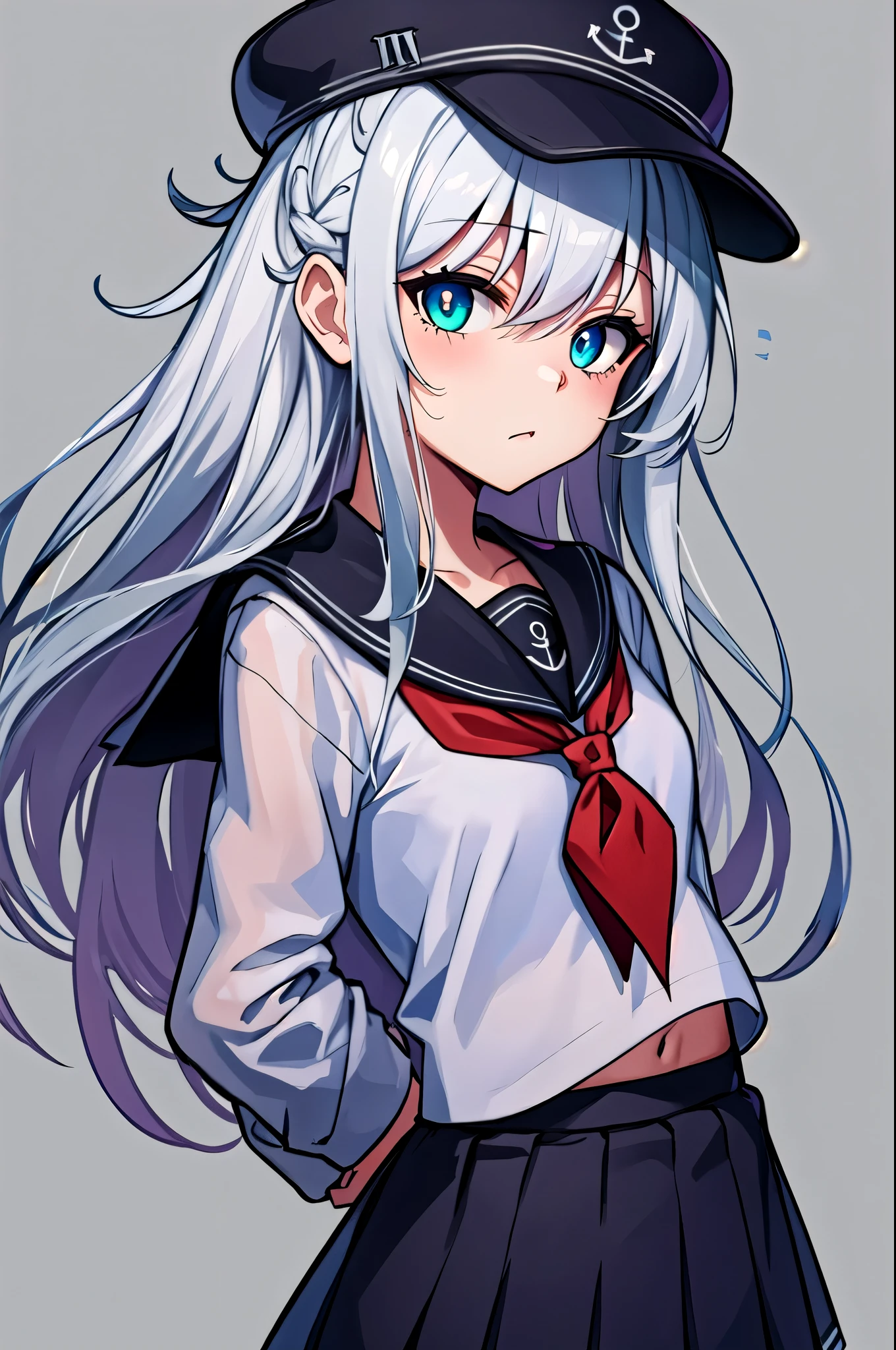  best quality, masterpiece,  high definition , Alone, {Hibiki_ kantaicolection :1.15}, length_hair, green_eye, , hair_between_eye, Seraph, gray_hair, hin, white_hair, anchor_symbol,  1 girl , black_ headwear, black_Sailor_ color, black_ skirt, flin_ cap, length_sleeve,  Neckerchief , pleined_ skirt, red_ Neckerchief , Sailor_ color, School_uniform,  skirt, cowboy_shot, white_background, Simple_background, black_太ももまin丈の靴下, Watching_in_ viewer,   skirtめくり、( panties)