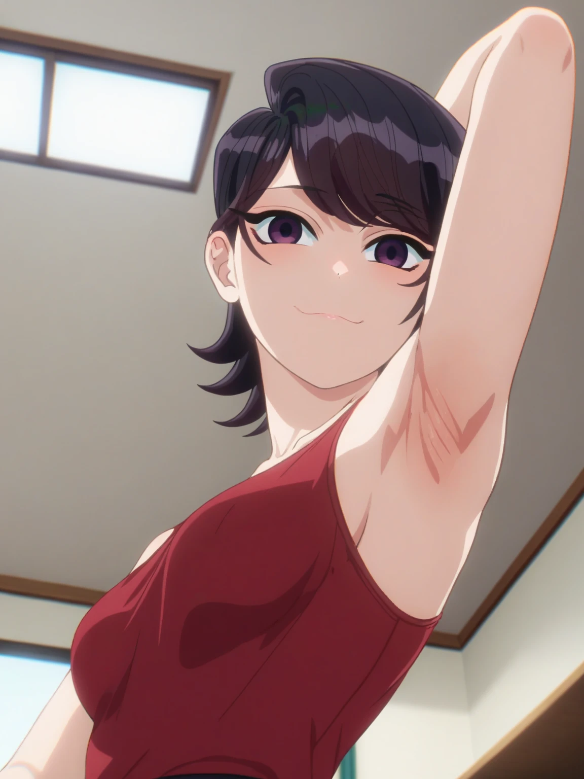 score_9, score_8_up, score_7_up, source_anime, anime screencap, 1girl, solo, indoors, day, Komi Shouko, purple eyes, black hair, short hair, bangs, medium breasts, red bra, red underware, bare shoulders, bare arms, looking at viewer, eye contact with viewer, head towards viewer, smile, (smug:0.9), closed mouth, arm behind head, armpit, armpit up close, close-up of armpit, from side, from below, detailed armpits