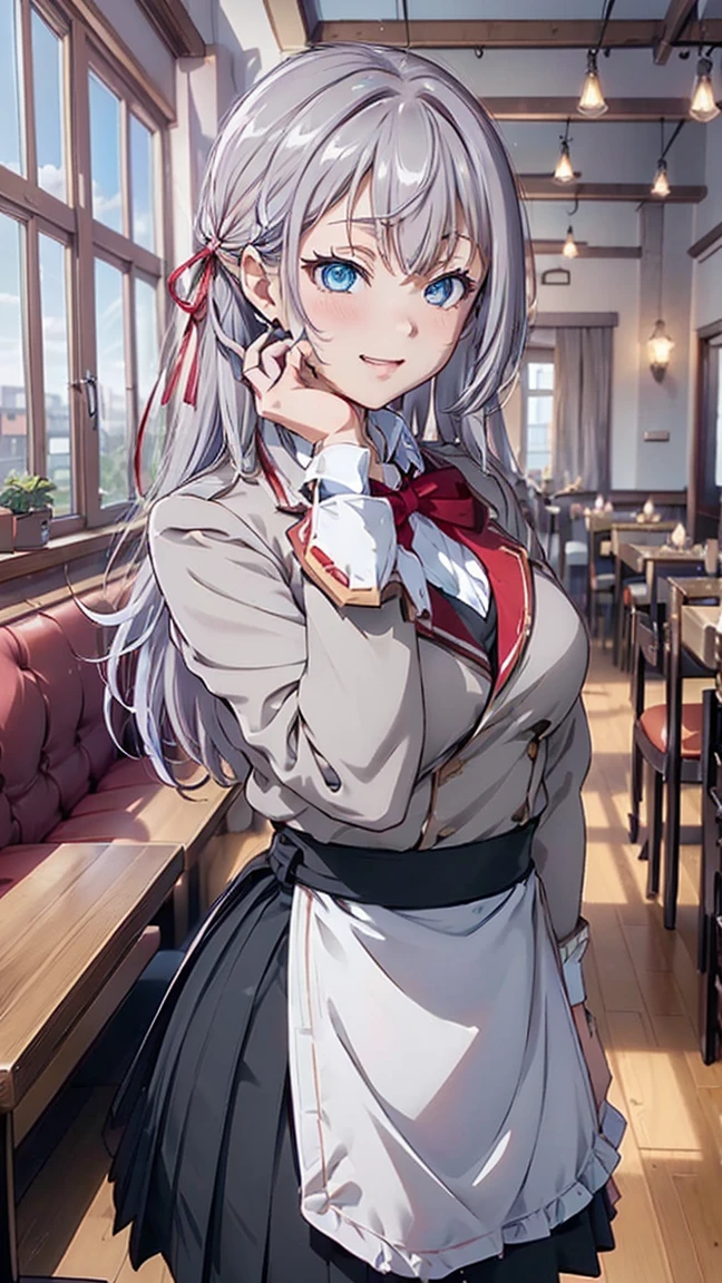 ((8K, Raw, Highest Quality, Real 1.2), Ultra High Quality, High Resolution, Highest Quality, Perfect Face, Perfect Limbs, Perfect Fingers, High Resolution, (Beautiful Anime Face, Cute Face, Detailed Face), Alisa Mikhailovna Kujo, Long Hair, Bangs, Blue Eyes, Hair Ribbon, Ahoge, Grey Hair, Red Ribbon, Large Breasts, Skirt, Shirt, Long Sleeves, Bow Tie, Uniform, Jacket, White Shirt, Pleated Skirt, Collared Shirt, Bow Tie, Black Skirt, Red Bow Tie, Red Bow Tie, Blazer, Grey Blazer, Long Sleeves, ,------Looking at the Viewer, Solo Focus, ,(((Restaurant Interior :1.3))), , Indoors, Real World Location, ,(((Western-style Furniture :1.3))), ,(((Stylish Interior Based on an Italian Folk House :1.3))), ,(((Italian Restaurant :1.3))),Splendid interior,,Sitting on a chair eating pasta,City,Daytime best quality background,High resolution background,Highly detailed background--((Squinting eyes and showing cute smile :1.3))),,((Blushing and embarrassed expression 1.3)),Miniature human hand,(((Medium bust 1.3))),(((Thin thighs 1.3))),Perfect anatomy,Perfect proportions,Nice lighting,Bright colors,Clean lines,Information,Blurred,Stunning expression,Restless emotion,Gorgeous and cute,Beautiful face and eyes with every detail,(Masterpiece)Beautiful face,Young and handsome girl,Really perfect skin,Blurred,Expression,Restless emotion,Gorgeous and cute,Beautiful face and eyes with every detail,(Audrey Hepburn),(Cute),(J-POP idol),(thighs,(depth of field),(depth of detail),soft light, glittering lens gaze,(droopy eyes),straight teeth,shy smile,flowing hair,