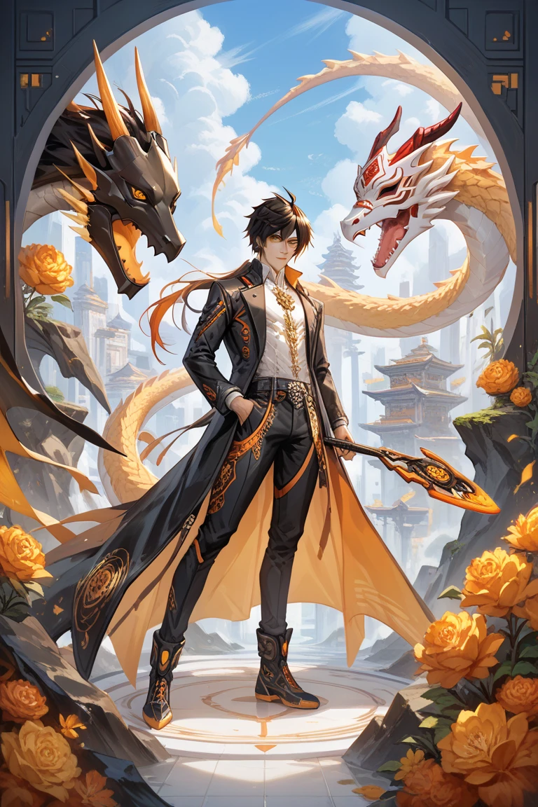 masterpiece, best quality,zhongli (genshin impact), 1boy, male focus, long hair, brown hair, gloves, multicolored hair, black gloves, bangs, weapon, ponytail, polearm, jewelry, solo, (dragon:1.4), formal, earrings, hair between eyes, long sleeves, yellow eyes, jacket, suit, necktie, shirt, collared shirt, single earring, spear, gradient hair, tassel earrings, tassel, closed mouth, arm behind back, looking at viewer, pants