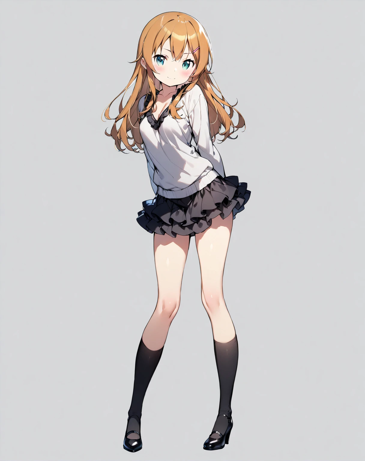 (1 girl),(Alone),

masterpiece、 High Quality 、4K、8k、
( high contrast :1)、Light gray background、Grey Room、
( from head to toe:1.5、full body view:1.5)、At the center:1.0、

(kirino kousaka)、
( Very Beautiful :0.9)、( very cute :0.9)、
(round face)、(Brighten your face:0.7)、(Big green eyes:0.6)、(round face)、
( straight hair :0.6)、( Long Golden Hair)、bangs、(Hair clip)、
( detailed face :0.7)、(high nose:0.7)、(smile:1.0)、Laugh with your mouth open、
Round Breasts、 perfect 5 fingers、
 slender figure、

(fair skin), Delicate Smooth Skin 、 beautiful skin 、

( Pink V Neck Sweater )、(black layered ruffle miniskirt)、
( black knee-high socks)、(pumps)、
Ribbon Embellishment 、Open chest、

looking at viewer, 

Slight Body,
Medium Breasts,
Petite Height,

(Alone Focus:1.0),
(Standing:1.2),
(Seductive pose:0.5),

(Full body Shot:1.2), 
(From the front),

(No background),