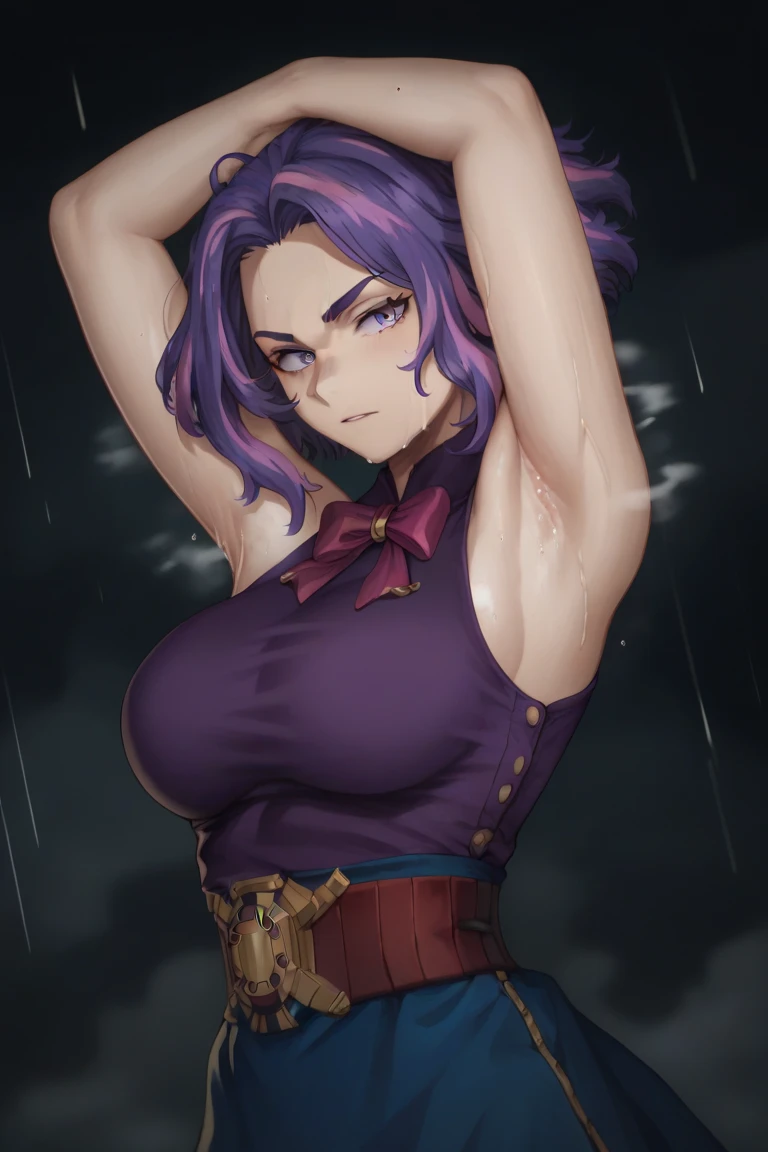 (masterpiece:1.2), (best quality:1.2), 1girl, 
Lady nagant, 1girl, short hair, purple hair, purple eyes, large breast, neck ribbon, bare shoulders, purple sweater, sleeveless, center frills, blue skirt, sexy stance, in the bar, arms behind head, armpits, detailed armpits, sweaty armpits