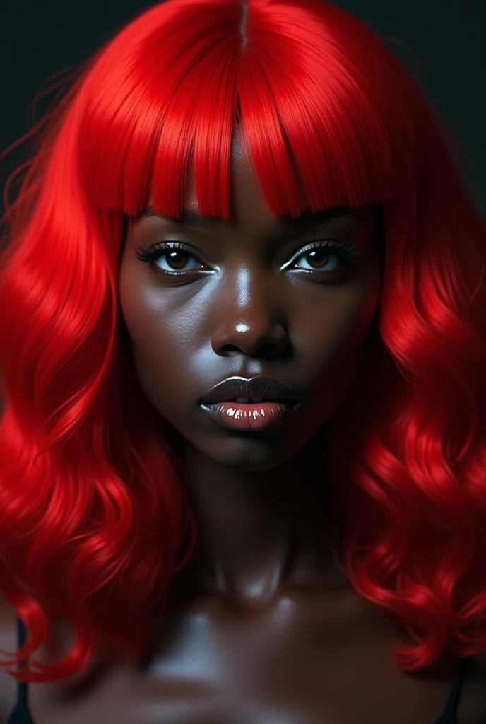 african woman, young, naked, red bangs, septum piercing, dimples, thick belt around neck, naughty expression, light brown shiny latex bodysuit, close-up, UHD, retina, masterpiece, accurate, anatomically correct, textured skin, super detail, high details, high quality, award winning, best quality, highres