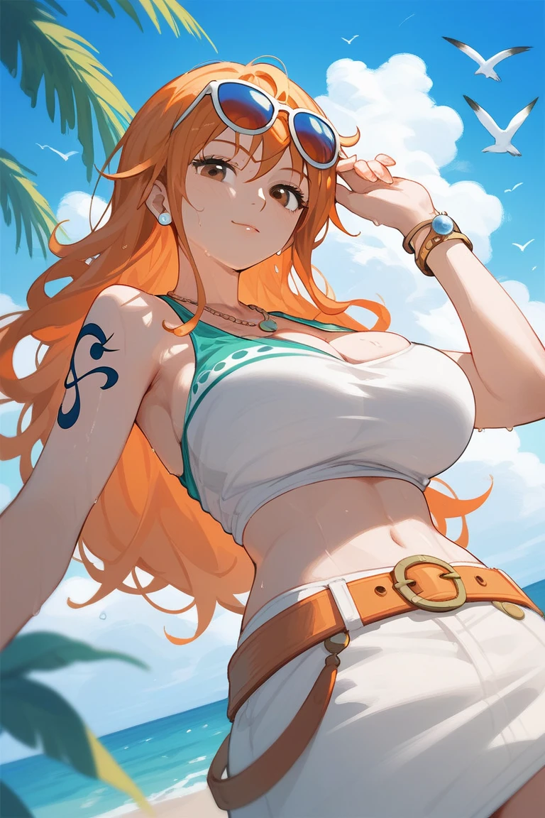 nami, one piece,
1girl, bangle, bangs, bare shoulders, belt, bikini, bikini top only, blue sky, caribbean worlds background, ship handrail, pirate ship, ship handrail, bracelet, breasts, brown eyes, bubble, cleavage, cloud, cowboy shot, day, denim, earrings, floating hair, green belt, green bikini, groin, jeans, jewelry, large breasts, log pose, long hair, looking at viewer, navel, orange hair, pants, shoulder tattoo, sidelocks, sky, smile, solo, standing, stomach, swimsuit, tattoo on shoulder, ((masterpiece)), <lora:nami:0.5>