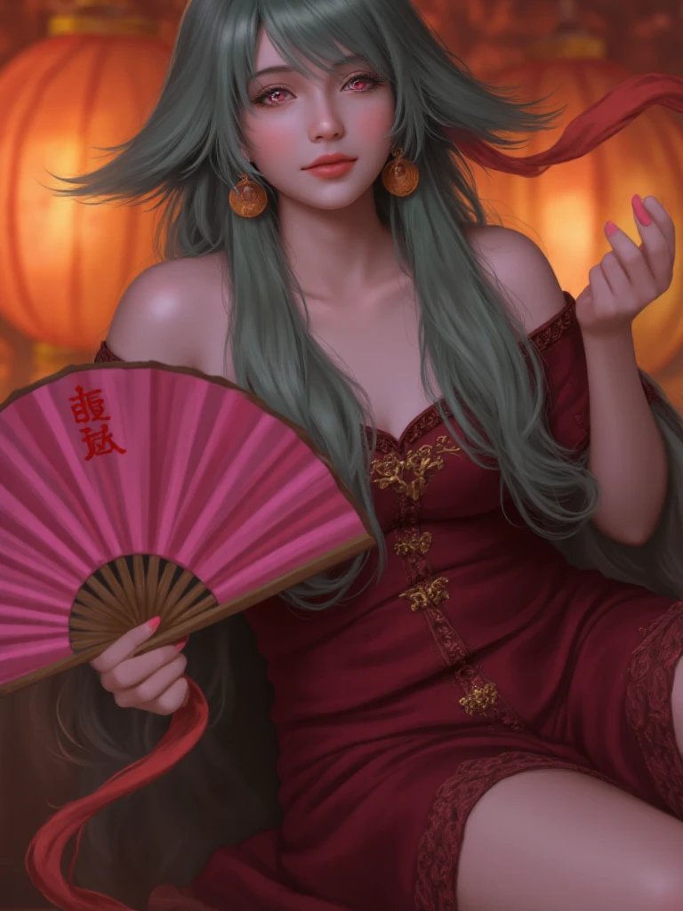 Image is a digital painting featuring a fantasy character. The subject is a female figure with long, flowing green hair. She has a fair complexion and striking pink eyes. Her expression is serene yet inviting, as she extends her hand forward. She is dressed in a deep red, off-shoulder garment that is intricately designed with gold accents. In her other hand, she holds a pink fan with red Chinese characters, adding an element of mystique. The background is adorned with warm, glowing lanterns that cast a soft light, enhancing the ethereal atmosphere. Red ribbons flow around her, adding dynamic movement to the composition. The overall style is vibrant and fantastical, with a focus on rich colors and detailed textures.