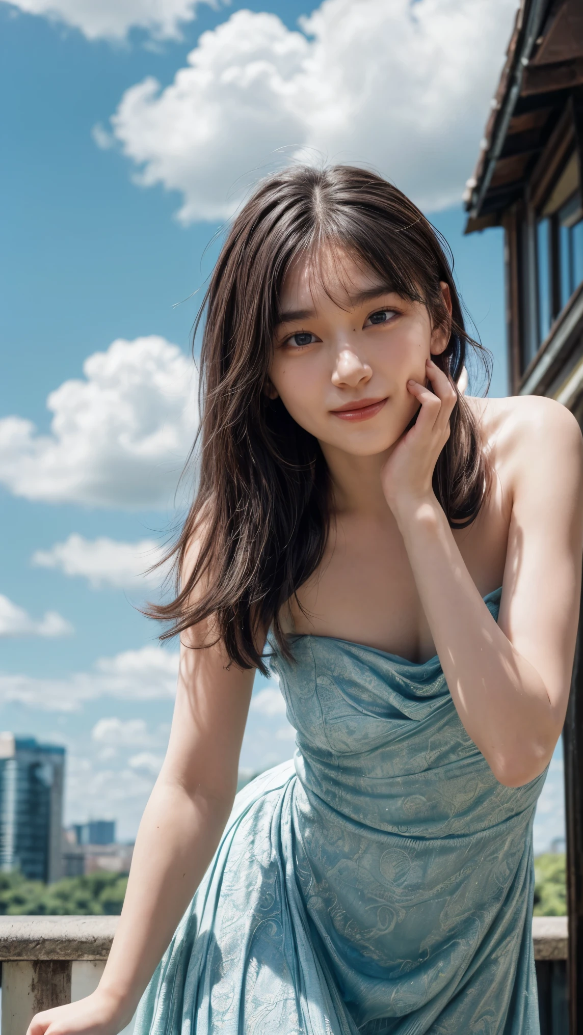 (high resolution photograph of a young Japanese female idol), (realistic, photo-realistic:1.37), (masterpiece, best quality), 8k, RAW photo, intricate details, extremely detailed, (sharp focus), cinematic lighting, gravure photography, portrait, solo, 1girl, (strapless dress, sleeveless:1.2), (face focus, close-up face, standing leaning forward, forward bending:1.5), (small breasts:1.3), dark hair, pale skin, (detailed face, detailed eyes, symmetrical eyes, beautiful pupils, sophisticated nose, smile),
photo background, outdoors, urban scape, daytime, sunny, blue sky and clouds,