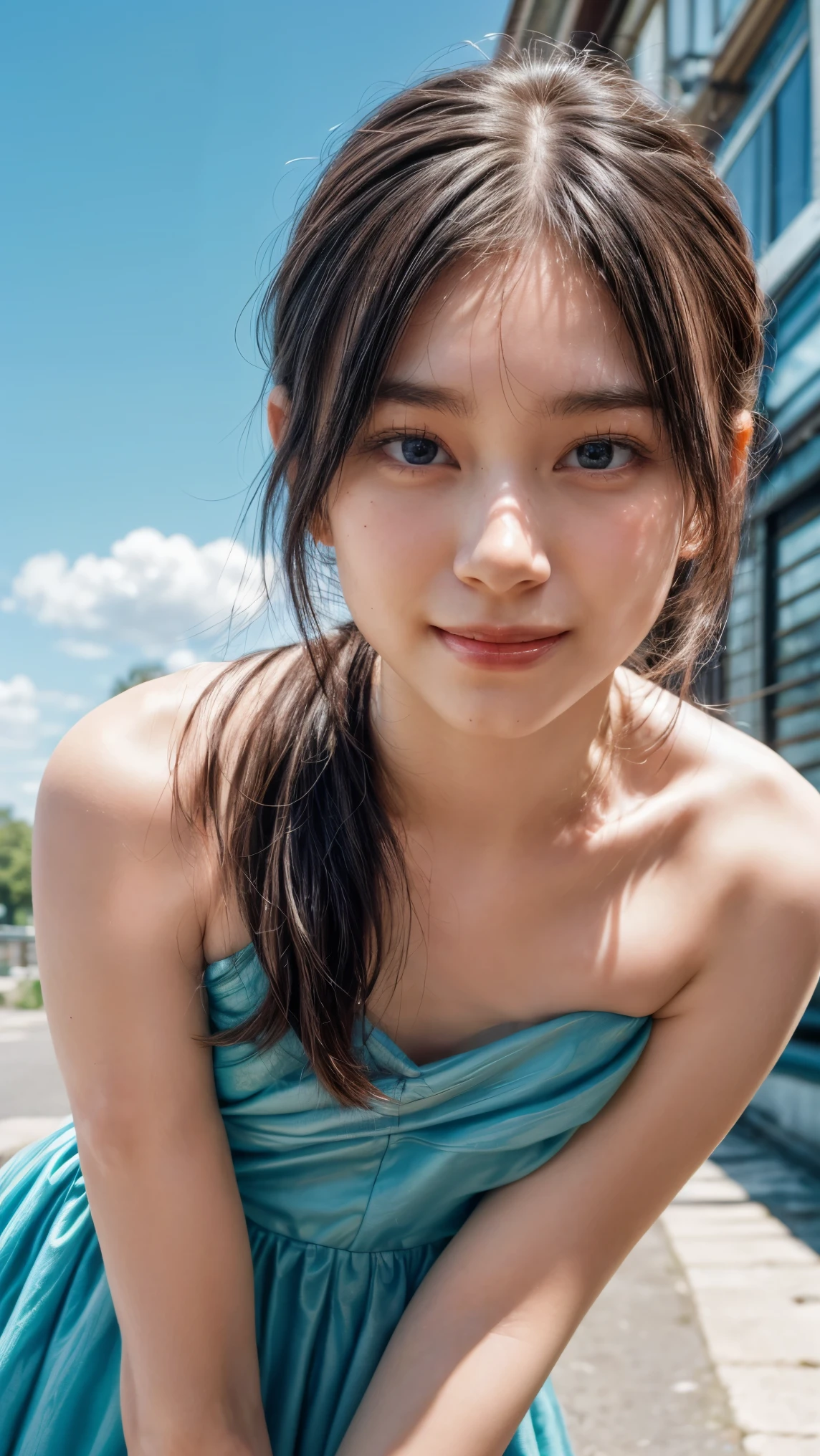 (high resolution photograph of a young Japanese female idol), (realistic, photo-realistic:1.37), (masterpiece, best quality), 8k, RAW photo, intricate details, extremely detailed, (sharp focus), cinematic lighting, gravure photography, portrait, solo, 1girl, (strapless dress, sleeveless:1.2), (face focus, close-up face, standing leaning forward, forward bending:1.5), (small breasts:1.3), dark hair, pale skin, (detailed face, detailed eyes, symmetrical eyes, beautiful pupils, sophisticated nose, smile),
photo background, outdoors, urban scape, daytime, sunny, blue sky and clouds,