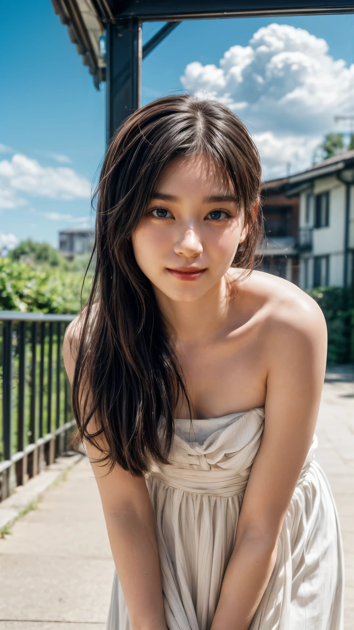 (high resolution photograph of a young Japanese female idol), (realistic, photo-realistic:1.37), (masterpiece, best quality), 8k, RAW photo, intricate details, extremely detailed, (sharp focus), cinematic lighting, gravure photography, portrait, solo, 1girl, (strapless dress, sleeveless:1.2), (face focus, close-up face, standing leaning forward, forward bending:1.5), (small breasts:1.3), dark hair, pale skin, (detailed face, detailed eyes, symmetrical eyes, beautiful pupils, sophisticated nose, smile),
photo background, outdoors, urban scape, daytime, sunny, blue sky and clouds,