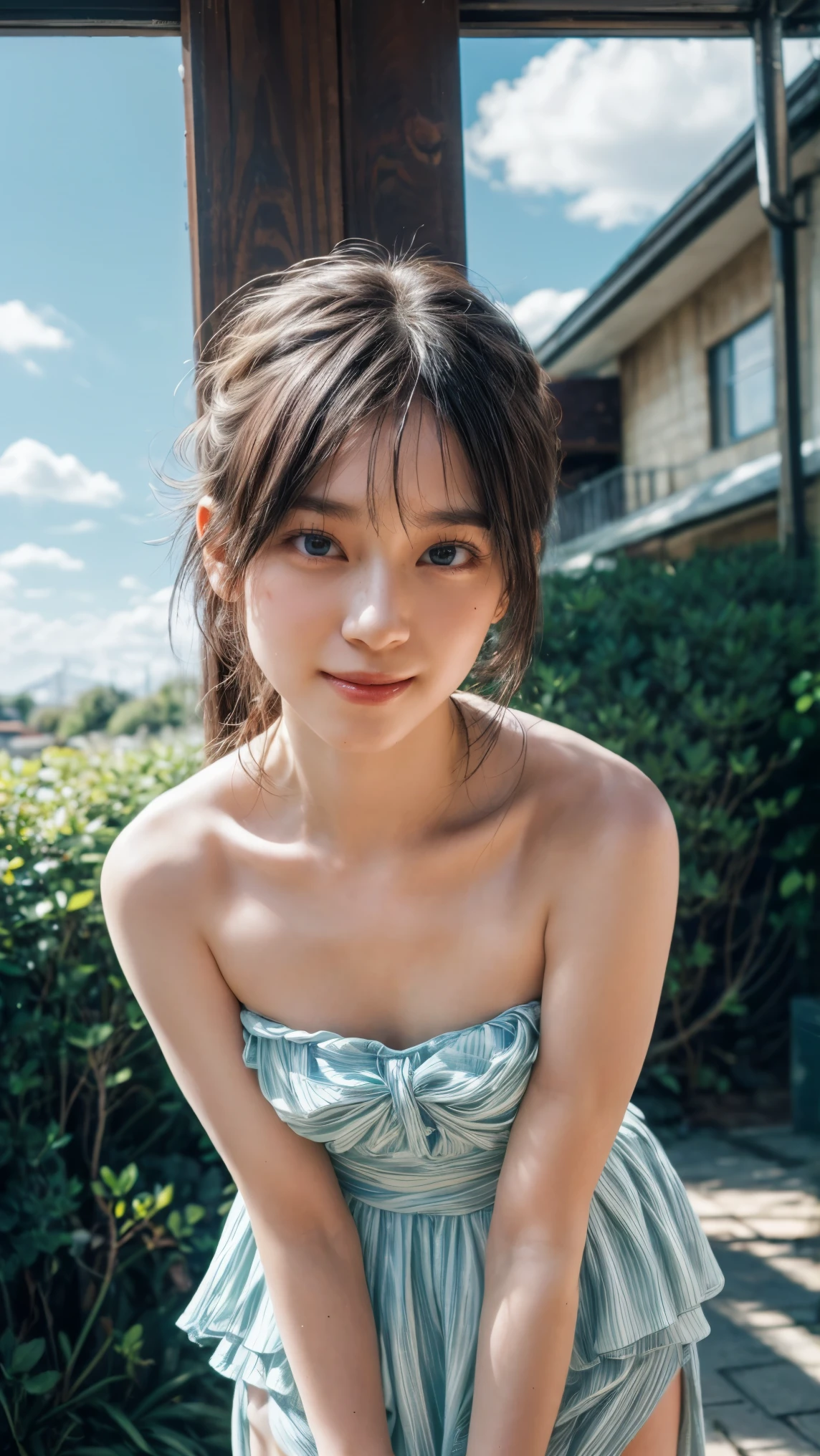 (high resolution photograph of a young Japanese female idol), (realistic, photo-realistic:1.37), (masterpiece, best quality), 8k, RAW photo, intricate details, extremely detailed, (sharp focus), cinematic lighting, gravure photography, portrait, solo, 1girl, (strapless dress, sleeveless:1.2), (face focus, close-up face, standing leaning forward, forward bending:1.5), (small breasts:1.3), dark hair, pale skin, (detailed face, detailed eyes, symmetrical eyes, beautiful pupils, sophisticated nose, smile),
photo background, outdoors, urban scape, daytime, sunny, blue sky and clouds,