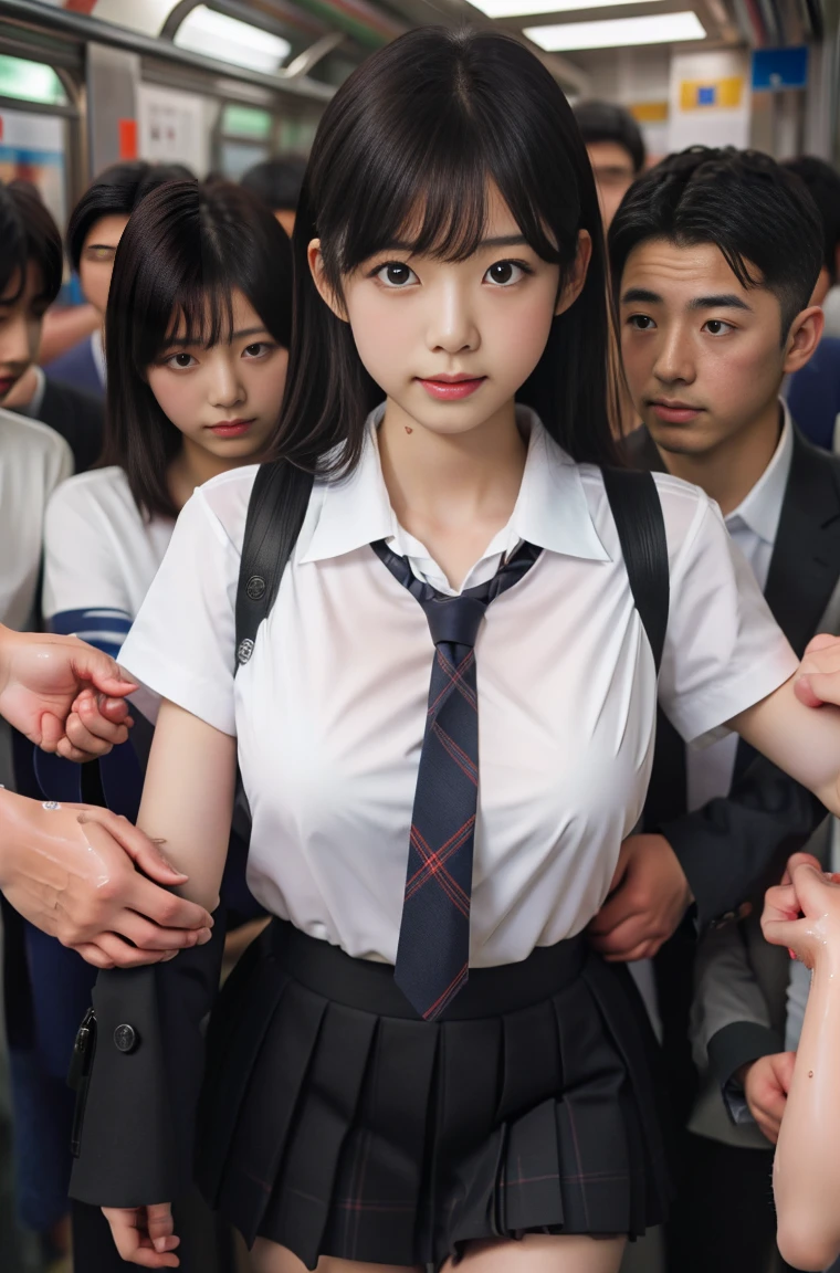 (molestation:1.8) japanese woman, beautiful breasts, (white shirt,red necktie, plaid pattern short skirt, darkbrown hair,bangs,ear,japanese school uniform),tits grab, in the train, Multiple men around her grab her tits, tits grab, multiple hands, masterpiece, highest quality, very detailed, molestation, crowd of men, very realistic face, very realistic eyes, crowd of men around her, grabs  thighs, molestation, masterpiece, highest quality, very detailed, 1 girl, multiple hands, Grab ass with the crazy crowd, Chest grab, the men around her, squeezed body, Many people grab their tits, very wet and sweaty, grab clothes, (There are no women in the crowd), man with necktie, very realistic japanese teen face,14 old,school bag, pinch nipples, Don't look at the camera, (​masterpiece:1.3), (8k, Photorealistic, Raw photography, Top image quality: 1.4), Japan high school girls、(Random hairstyles:1.2)、cleavage of the breast:1.2、Super Detail Face、Eye of Detail、 double eyelids、Bring your chest together with your arms、sharp focus:1.2、prety woman:1.4、light brown hair、top-quality、​masterpiece、超A high resolution、(Photorealistic:1.4)、very detailed and professional lighting、