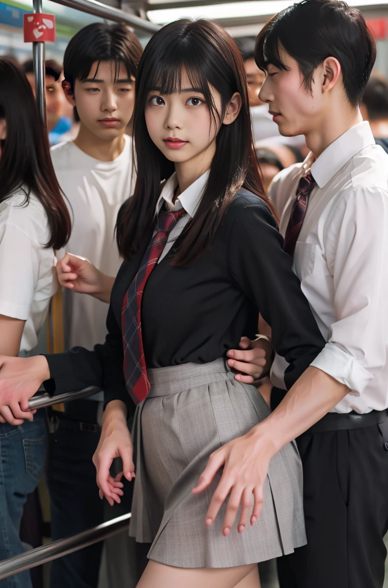 (molestation:1.8) japanese woman, beautiful breasts, (white shirt,red necktie, plaid pattern short skirt, darkbrown hair,bangs,ear,japanese school uniform),tits grab, in the train, Multiple men around her grab her tits, tits grab, multiple hands, masterpiece, highest quality, very detailed, molestation, crowd of men, very realistic face, very realistic eyes, crowd of men around her, grabs  thighs, molestation, masterpiece, highest quality, very detailed, 1 girl, multiple hands, Grab ass with the crazy crowd, Chest grab, the men around her, squeezed body, Many people grab their tits, very wet and sweaty, grab clothes, (There are no women in the crowd), man with necktie, very realistic japanese teen face,14 old,school bag, pinch nipples, Don't look at the camera, Breaking the generation standard