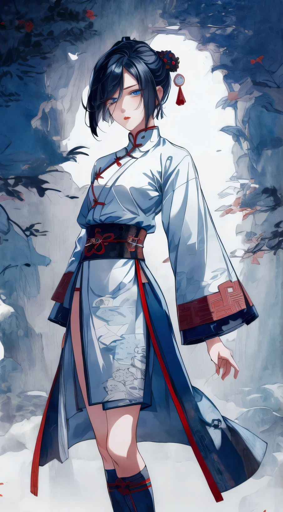 Masterpiece, Best quality, 1 Ji Ruxue, the expression is cold, strong, blue eyes, short hair, wolfcut hairstyle, smoky mix blue color hair, resolute eyes, red lips, simple Taoist Taoist uniform, Chinese mix morden, frontal photo, black or white background, simple background, anime, illustration, Chinese style short-sleeved shirt, cool girl, Ji Ru Xue, Fullbody, blank background , full HD, full body, leggy, standing position, simple background, fullbody