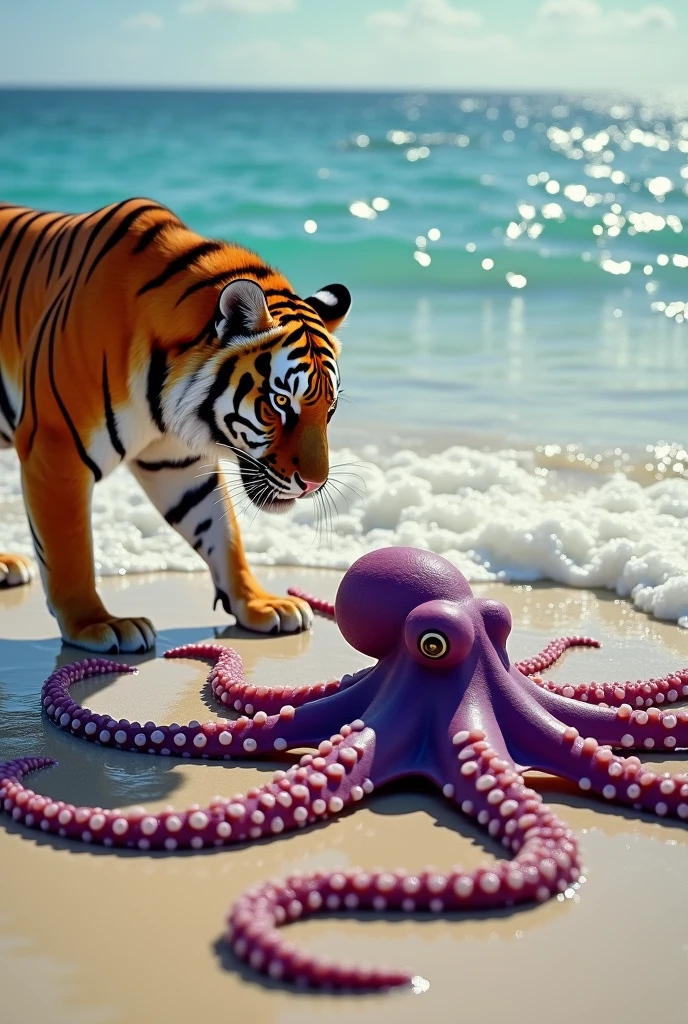 Create a hyper-realistic image of a tiger and a giant Pacific octopus interacting on the shores of a paradise beach. The tiger, with bright orange fur and deep black stripes, is carefully walking on the wet sand, its paws leaving behind marked footprints. Its amber eyes are fixed with curiosity on the octopus that lies partially submerged in the crystal-clear water.

The giant octopus, a stunning vibrant purple color with white buttons distributed across its tentacles, stretches gracefully in the shallow water. Some of its tentacles touch the wet sand, while others rise slightly as if exploring their surroundings.

The sea horizon behind them is serene and beautiful, with blue waters reflecting the clear sky. The sunlight creates golden reflections on the gentle waves, while the sea foam mixes with the clear sand, adding an atmosphere of peace and majesty to the scene