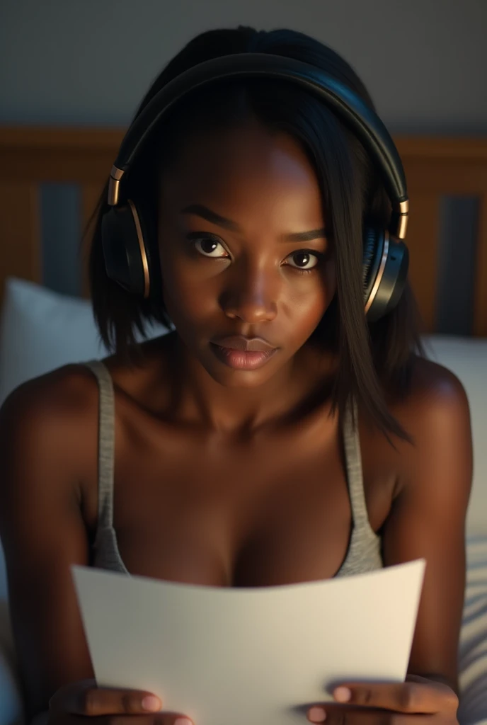 (Masterpiece), Best quality, 1 daughter of Ebony, Un boob out, Des yeux parfaits, 1 boy, debout, Souriant, visage parfait, girl giving manual work to the man, Parfait , Girl wearing a summer dress, ((girl wearing headphones)), Maison en bois, corps entier