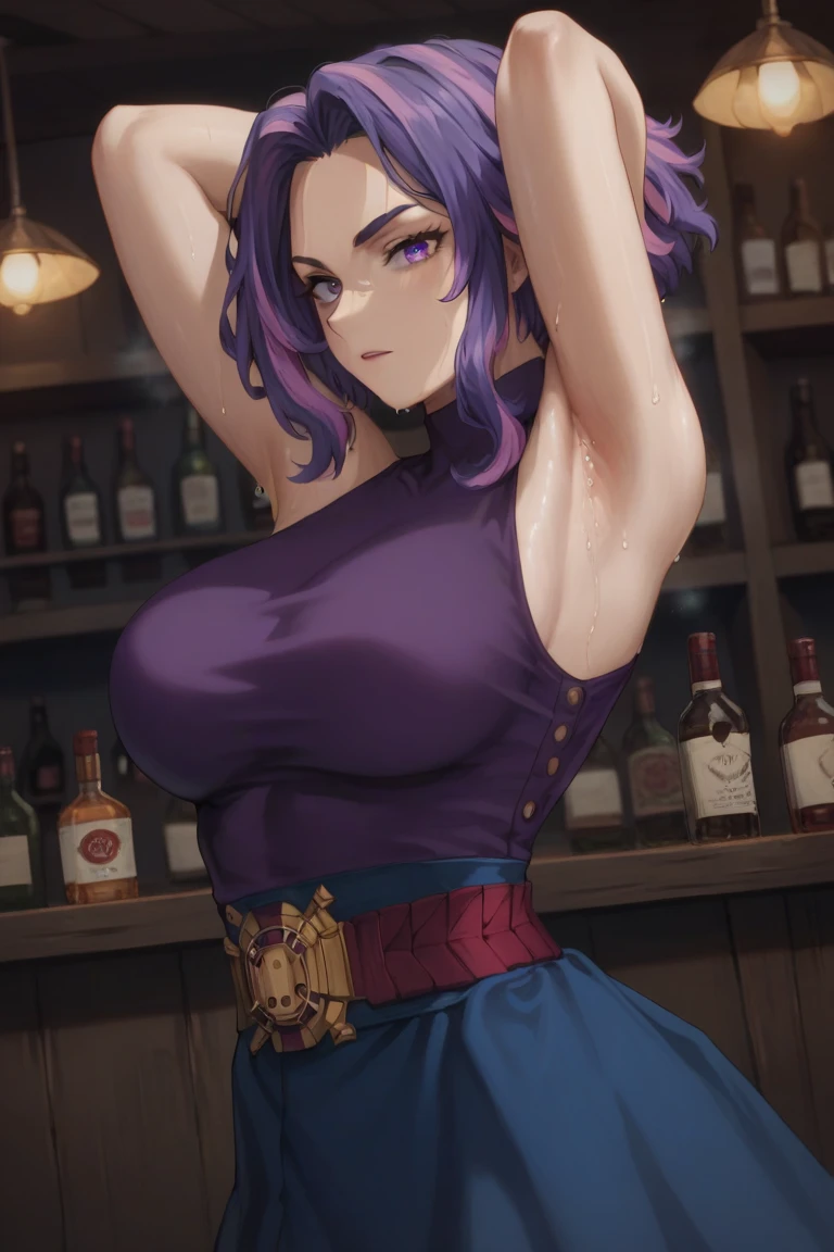 (masterpiece:1.2), (best quality:1.2), 1girl, 
Lady nagant, 1girl, short hair, purple hair, purple eyes, large breast, bare shoulders, purple sweater, sleeveless, center frills, blue skirt, sexy stance, in the bar, arms behind head, armpits, detailed armpits, sweaty armpits