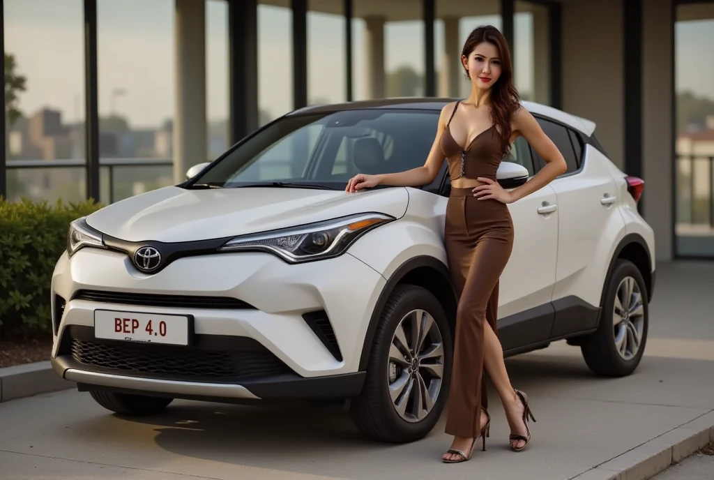 Lisamy stand beside a Toyota Hybrid Cross car, perfect body, The license plate says "BEP4.0"