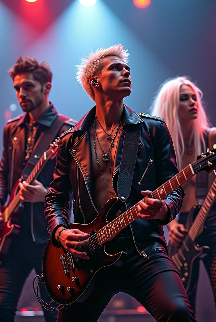 Rock band of men with short hair and women with platinum hair where the lighting is a little brighter