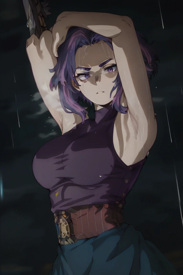 (masterpiece:1.2), (best quality:1.2), 1girl, 
Lady nagant, 1girl, short hair, purple hair, purple eyes, large breast, bare shoulders, purple sweater, sleeveless, center frills, blue skirt, sexy stance, in the bar, arms behind head, armpits, detailed armpits, sweaty armpits