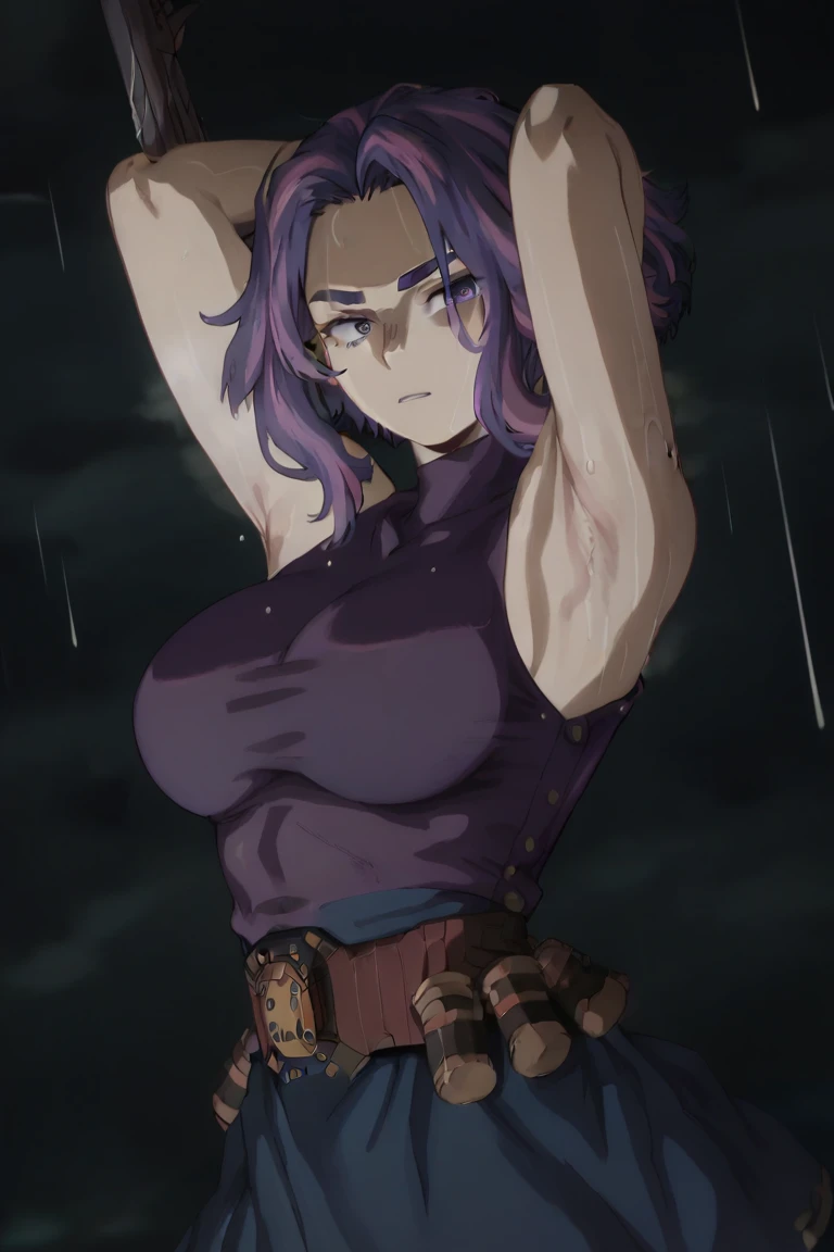 (masterpiece:1.2), (best quality:1.2), 1girl, 
Lady nagant, 1girl, short hair, purple hair, purple eyes, large breast, bare shoulders, purple sweater, sleeveless, center frills, blue skirt, sexy stance, in the bar, arms behind head, armpits, detailed armpits, sweaty armpits