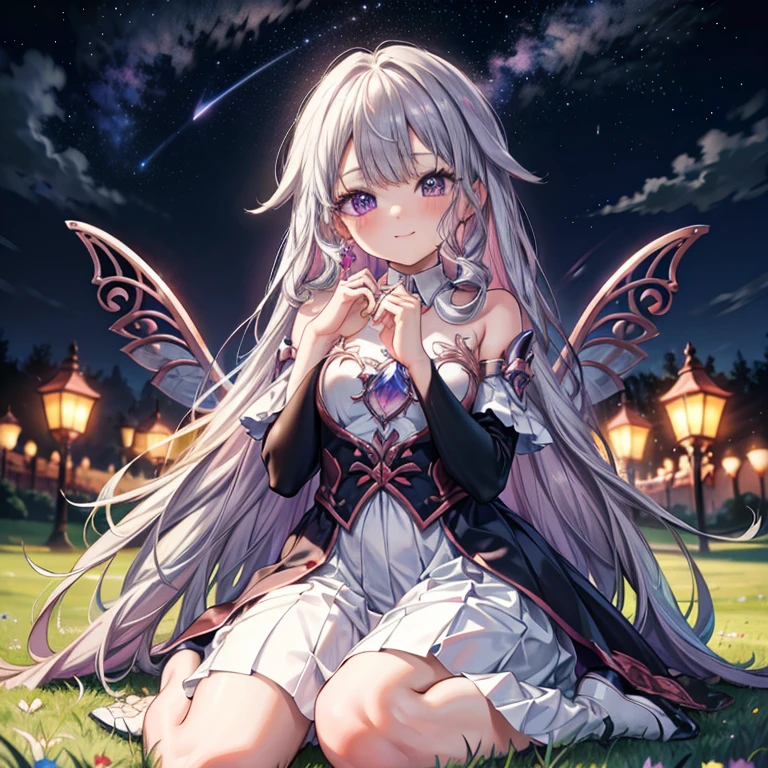 (( best quality)), ((masterpiece)), (  Details), ( ultra high resolution)、koseki_bijou、 Silver Hair、 long hair、Purple Eyes、cute、short、 flat chested、 white dress、
 perfect face、超 Detailsな肌、(Perfect Fingers、Perfect hands)、 perfect body for a lawn、
whole body、sitting on the grass、Looking up at the night sky、 smile with closed mouth、
Beautiful grassland、 starry sky 、 professional lighting、８k、