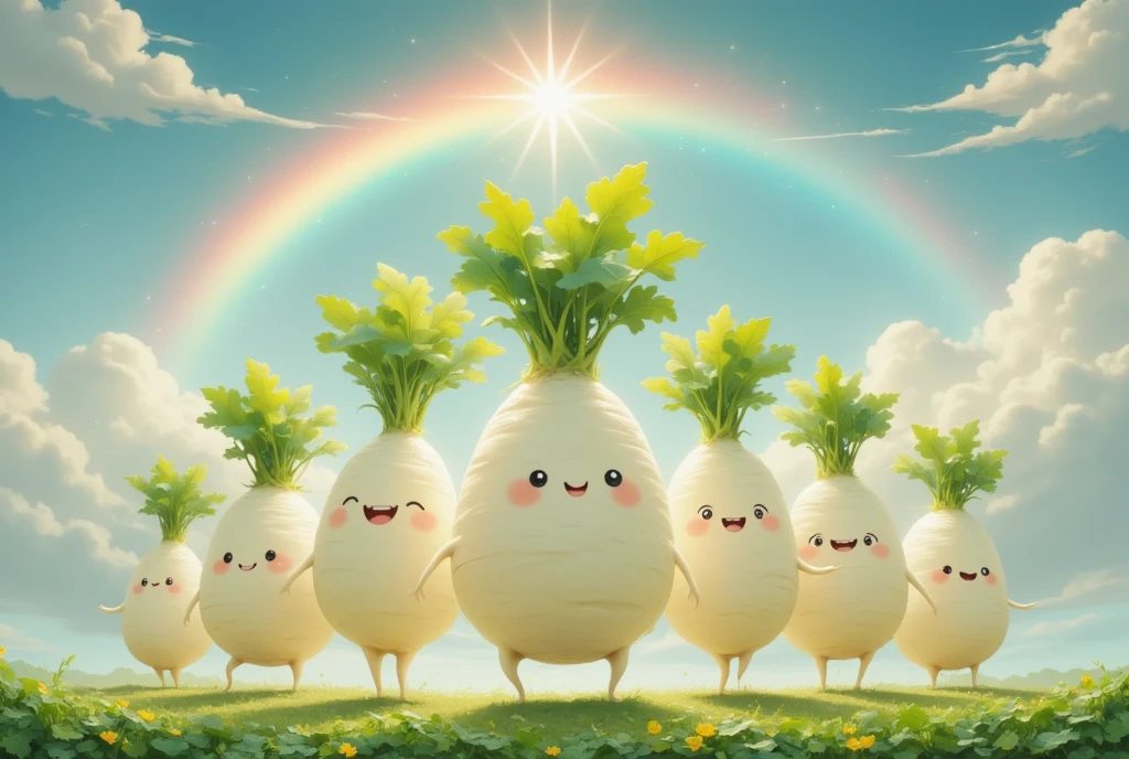 ( DANCING DAIKON CHARACTERS,DAIKON GROUP ,mooli,Daikon radish),Daikon Field Scenery ,Big rainbow in the sky, photorealistic, Photo Junior,beautiful, glitter