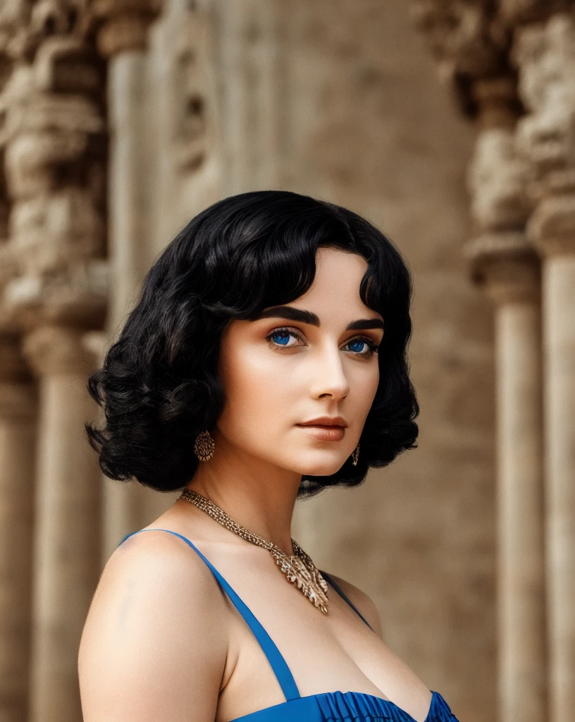 A picture of a queen of middle antiquity with black hair and blue eyes, aesthetically beautiful and looking good.