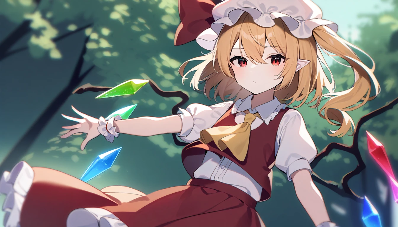  1 girl ,  Flandre Scarlet, East,  have , [ Mob Cap , Alone,  blonde hair , , Red vest, Wings,  red eyes, crystallization, vest,  white headwear , Outdoor, Short sleeve,  One side up, holding,  Puff Sleeves ,  skirt,  shirt, pointy ears, red  skirt,  watching viewers, puffy Short sleeve,  ascot , yellow  ascot ,  wrist cuffs , white  shirt, , bow, frills, red bow, collared  shirt, ribbon, frilled  shirt collar, red ribbon, Medium Hair Masterpiece ,  best quality, Very aesthetic,  looking for something in an absurd 。adult