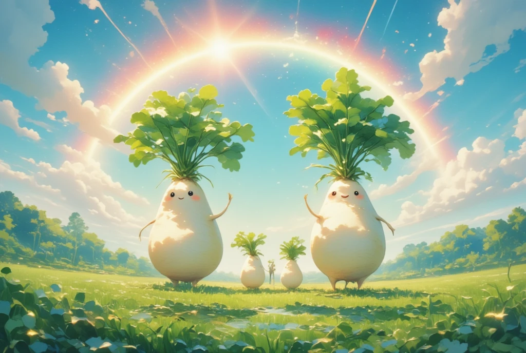 ( DANCING DAIKON CHARACTERS,DAIKON GROUP ,mooli,Daikon radish),Daikon Field Scenery ,Big rainbow in the sky, photorealistic, Photo Junior,beautiful, glitter