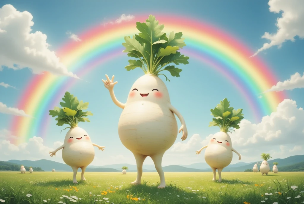 (DANCING DAIKON CHARACTERS,DAIKON GROUP ,mooli,Daikon radish,Dynamic Pose,happy),Daikon Field Scenery ,Big rainbow in the sky, photorealistic, Photo Junior,beautiful, glitter