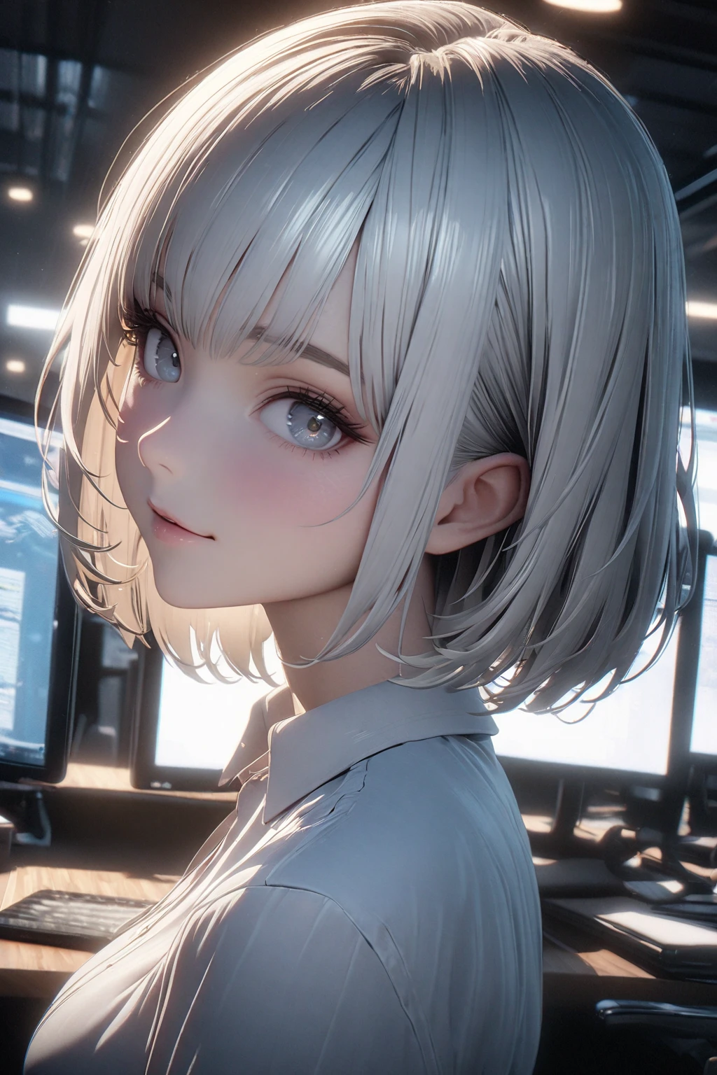 (8K, best quality:1.3),  unreal engine, soft lighting, A gaze that captivates the viewer, portrait, (very short silver-white hair), detailed hair, straight bob hair, cute face, glowy skin, beautiful breasts, business suit, dress shirt, office,