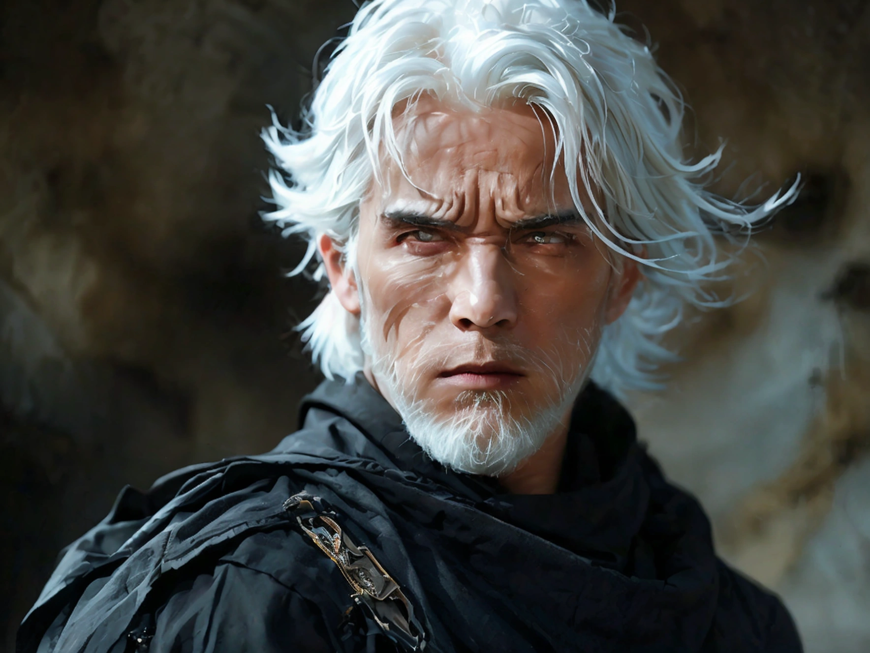 A MAN with pastel white hair, black eyes, wearing black ninja clothes, perfect anatomy, realistic, best composition, cinematic lighting, highly detailed, photorealistic, 8k, masterpiece, elegant, graceful, powerful, dynamic pose, moody atmosphere, dramatic shadows, vibrant colors, chiaroscuro, cinematic composition, mesmerizing gaze, striking portrait